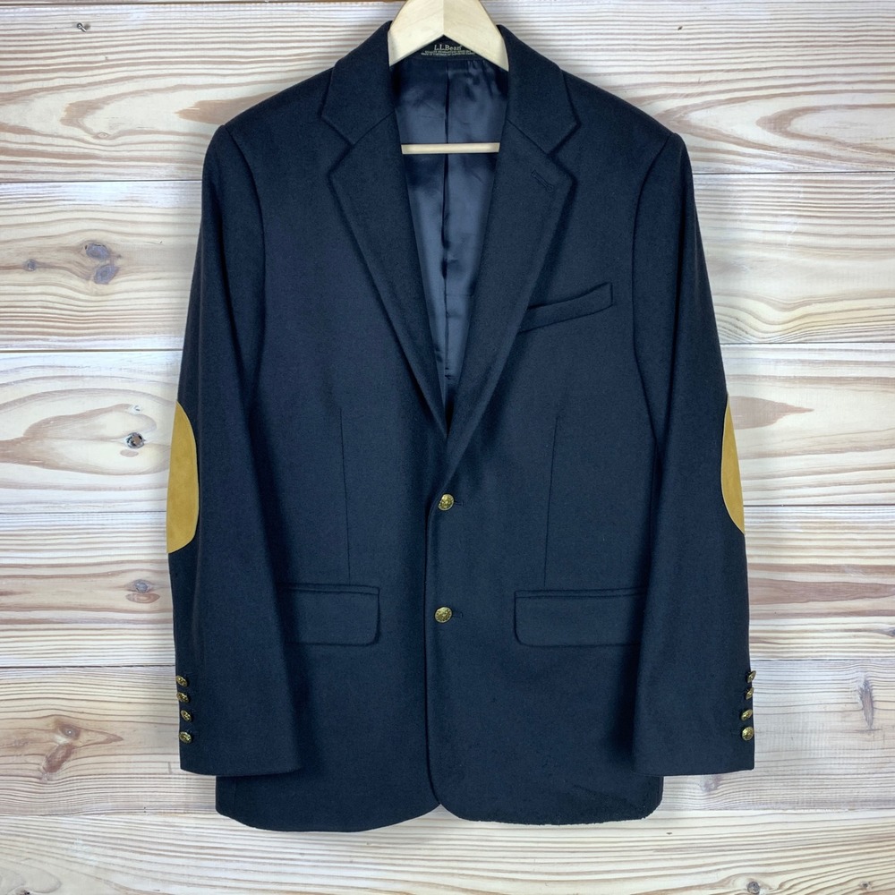L.L. Bean Blazer Mens 38-REG Navy Blue Wool Cashmere Suede Elbow Patch
